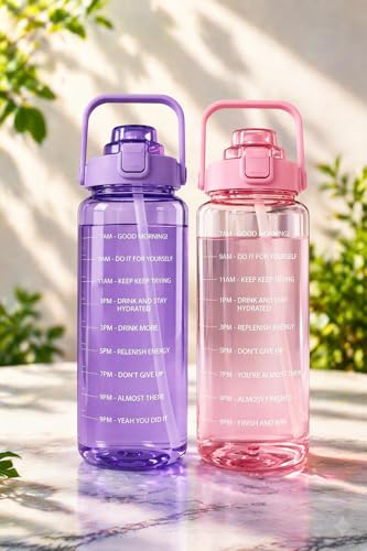 Image of Motivational Water Bottle 2 Litre with Time Marker | Leak Proof BPA Free Gym Bottle | Sports Drinking Bottle with Straw & Handle for Office, Gym, School (purple and pink)