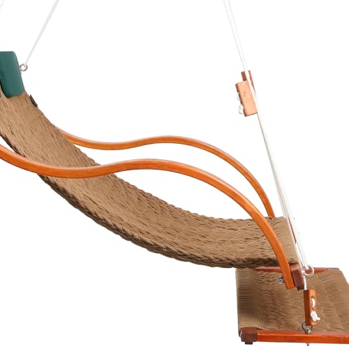 Image of SANIWERKE Porch Swing for 2, Double Hammock Swing with Footrest & S-Armrest, Adjustable Hanging, Durable Rope Net&Thick Wood, 650LBS, 50 inch Wide, Luxe Reclining Duo Swing for Casual Living(Rich Mocha)