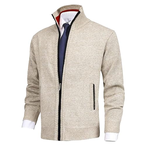 JEShifangjiusu Men'S Full Zipper Cardigan Slim Fit Cable Knitted Button Sweater Lightweight Casual Stand Collar With Pockets