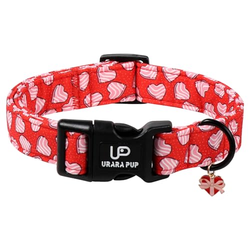 Image of Valentine's Dog Collar, UP URARA PUP Pink Heart in Red Adjustable Pet Collar with Bowknot Charm, Wedding Dog Accessories for Small Medium Large Dogs