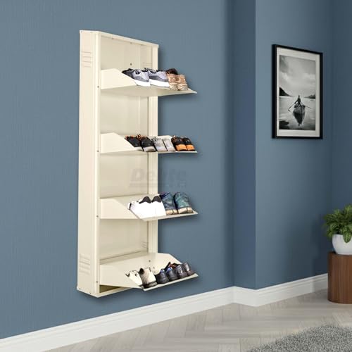 Image of DELITE KOM 20 Inch Wide, 4 Shelf Metal Shoe Rack Wall Mounted for Home with Central Lock | Holds Upto 10 Shoes or 16 Slippers Pair | 1 Year Warranty | (54 x 20 x 5 Inch, Ivory) | DIY | Space Saving