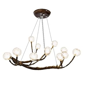 Modern Branch Chandelier, 12 Lights Retro Wood Ceiling Lamp Fixture Branch Tree Branch Light High Ceiling Chandelier, Adjustable Hanging Light Farmhouse Chandeliers for Kitchen