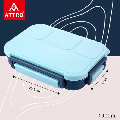 Image of ATTRO Gourmet 4 Compartment Lunch Box Portable Meal Organizer for Office, School BPA-Free, Food Grade, Freezersafe, Microwave & Oven Safe 1000ml Blue, Plastic