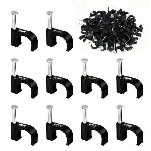 HuaoPOr Cable Clips (200 pcs) 4 mm Cable Nail Clips Black Round Wire Tidy Clips for Outdoor and Ethernet Cable Holders Wall Cable