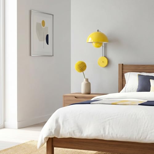 Image of Mid-Century Modern Bud Plug in Wall Sconces for Bedroom, Lemon Yellow | Indirect lighting reading wall lamp, all-metal construction, plug-in or hardwired install, fits bedroom bedside, living room