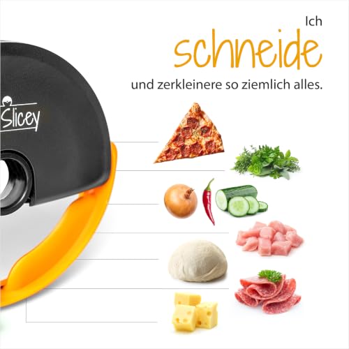 Foto von Helperfect Pizzaschneider Mr. Slicey | Perfekte Scheiben jedes Mal | Extra leichtes Schneiden | Mühelose Anwendung | Pizzacutter mit Scharfer Edelstahl Klinge + Sicherheits-Gummilippe | Pizzaroller