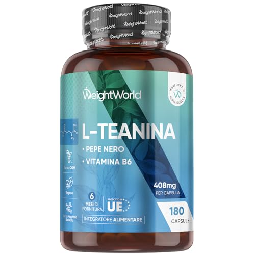 L Teanina 408mg, 180 Capsule Vegane, 1 al Giorno (6 Mesi di Scorta), L-Teanina Estratta dalla Camellia Sinensis con Pepe Nero e Vitamina B6, Aminoacido L Theanine da Tè Verde, Senza Magnesio Stearato