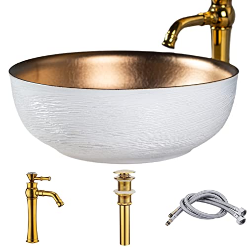 Modern White Gold Ceramic Vessel Sinks With Faucet And Pop Up Drain Combo For Bathroom #TOP20