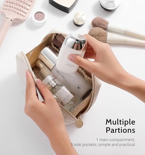 Aveniee Travel Makeup Bag Small, Vegan Leather Cosmetic Pouch for Purse, Wide-open Toiletry Organizer with Dividers & Zipper for Women-Beige2