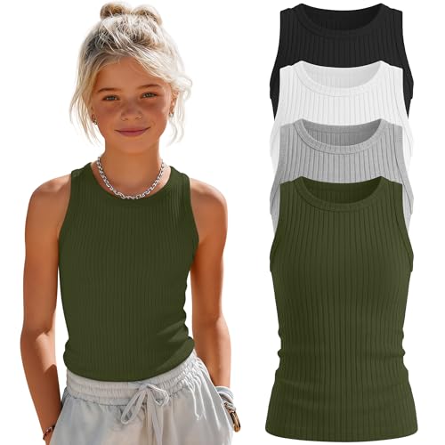Mumucove 4 Pack Girls Ribbed Tank Tops Crew Neck Fitted Sleeveless Undershirts Kids Casual Basic Camisole 5-14 Years(Army Green Light Gray White Black 7-8 Years)