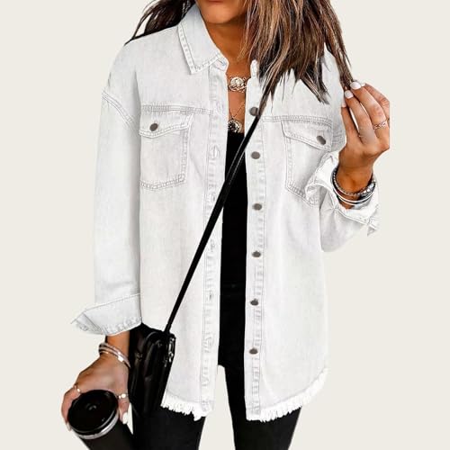 Womens Denim Jacket Oversized Boyfriend Button Down Jacket Ripped Frayed Hem Shacket Distressed Jean Jacket Coat2