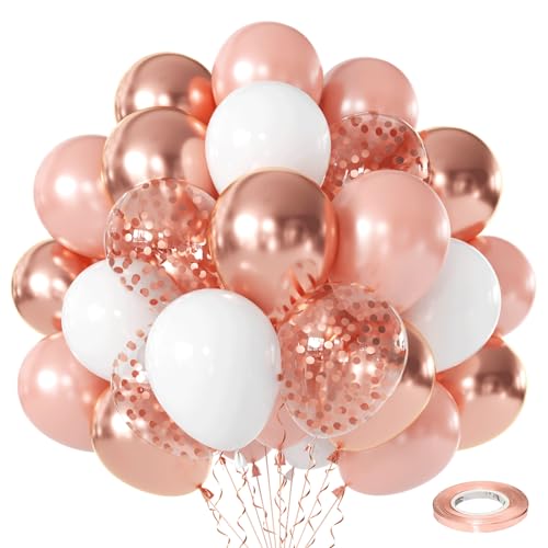 Image of Rose Gold Confetti Balloons - 50pcs 12 Inch Metallic Rose Gold and White Latex Balloons for Bridal Shower Sweet 16 Birthday Wedding Anniversary Party Decorations