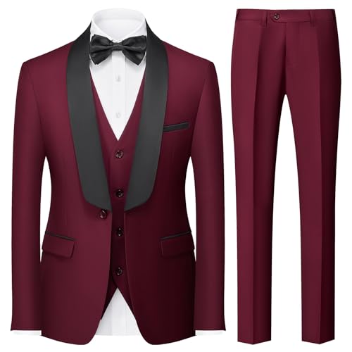 KUDORO Costume Homme 3 Pièces Slim Fit Mariage Business Smoking d'affaires à Un Bouton pour Fête Bal Blazer Veste et Pantalon Gilet(Bordeaux,3XL)