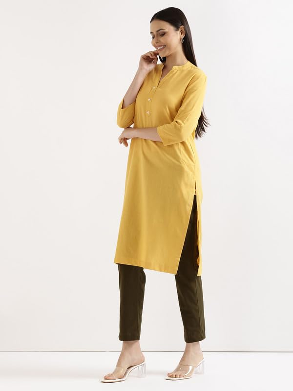 Image of SAADAA Women's Linen Straight Fit Straight Long Kurta Airy Plain Kurta, 3 /4 Sleeve, Knee Length Kurtis with Pockets, Casual and Office Wear