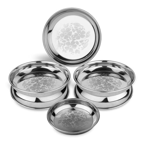 Image of LiMETRO STEEL 6 Pieces Stainless Steel Halva Plates, Breakfast Plates, Serving Plates (Diameter : 16 cm , Laser Print)