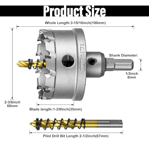 Image of SALI 2-3 /8 inch (60mm) TCT Hole Saw Kit Tungsten Carbide Tipped Hole Saw Drill Bit with Titanium-Plated Pilot Drill bit for Metal, Stainless Steel, Iron, Plastic