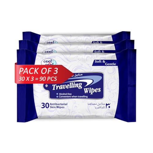 Cool & Cool Travelling Wipes - 30s (Pack of 3) - Convenient for Travel Antibacterial Skin Wipes with Vitamin E Aloe Vera Gel & Herb Extract Alcohol-Free Soft & Gentle - 90 Wipes