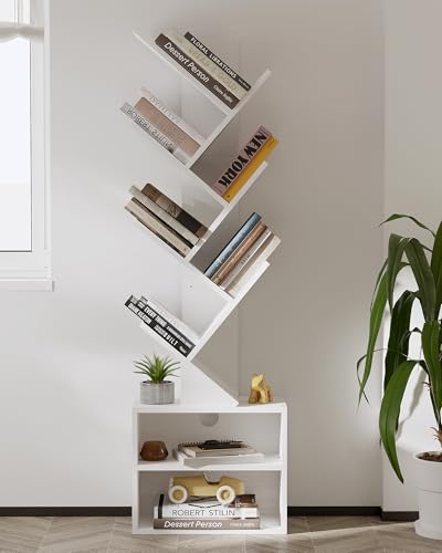 Image of SUNMORY 6 Tier Tree Bookshelf, Tall Small Bookcase with Storage Cabinet | Modern Narrow Bookshelves Organizer, Floor Standing Book Case Shelf for Bedroom Living Room Home Office Corner, White