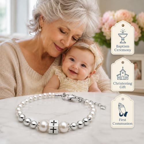 Image of Baby White Pearl Bracelet, Sterling Silver Cross Charm Baptism Gifts for Girl