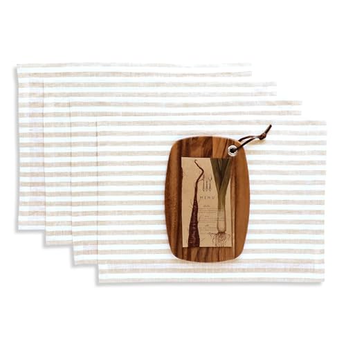 Image of Solino Home 100% Pure Linen Placemats, 14 x 19 in, Natural Stripe, Set of 4