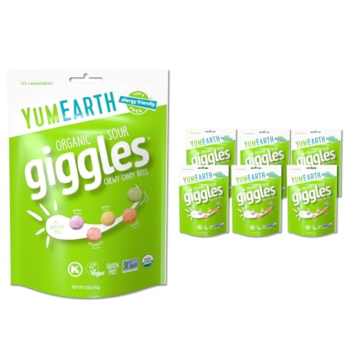 Image of YumEarth Organic Sour Giggles Chewy Candy - Allergy Friendly, No Artifical Dyes, Non GMO, Gluten Free, Sour Fruit Flavored, Vegan Candy Snacks with No Artificial Flavors, 5 oz (Pack of 6)​
