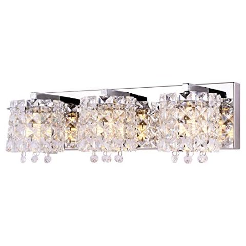 Vanity Light,Bathroom Light Fixtures,Wall Sconce with Crystal Drops,Polished Chrome Finish Bathroom Lighting, 3-Light Vanity Light Over Mirror Cover