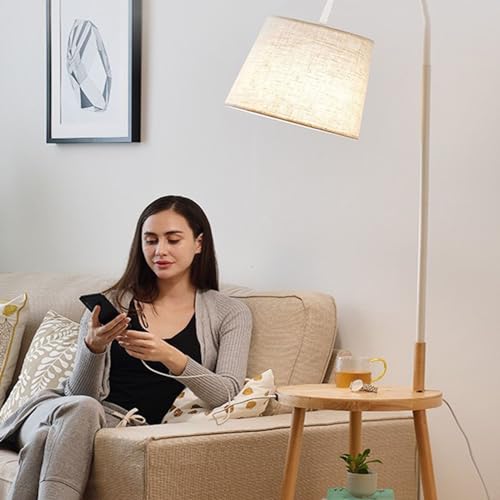 Lámpara de pie de arco moderna con mesa y base de madera para salón 7
