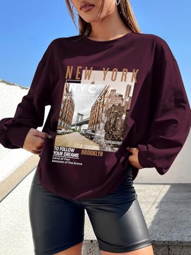 Image of CHKOKKO Oversized Round Neck Drop Shoulder Printed Polyester Full Sleeves T-Shirt for Women