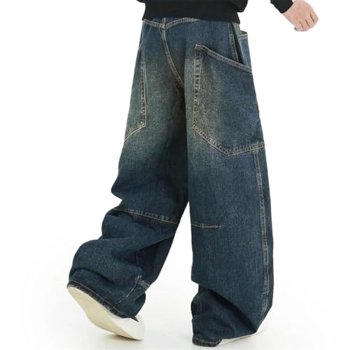 Men Loose Fit Washed Denim Pants with Large Pockets Summer Vintage High Waist Trousers3
