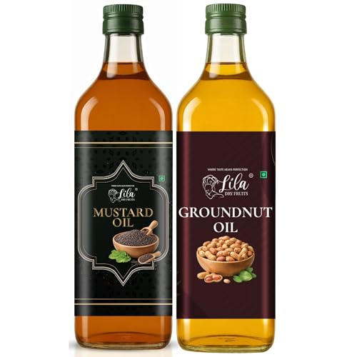Image of LILA DRY FRUITS Immunity & Flavor Oil Combo (1L) Pure Mustard Oil 500 ML and Groundnut Oil 500 ML | Strong Aroma, High Smoke Point Cooking Oils for Indian Kitchen Pure & Unrefined Cold Pressed Oil