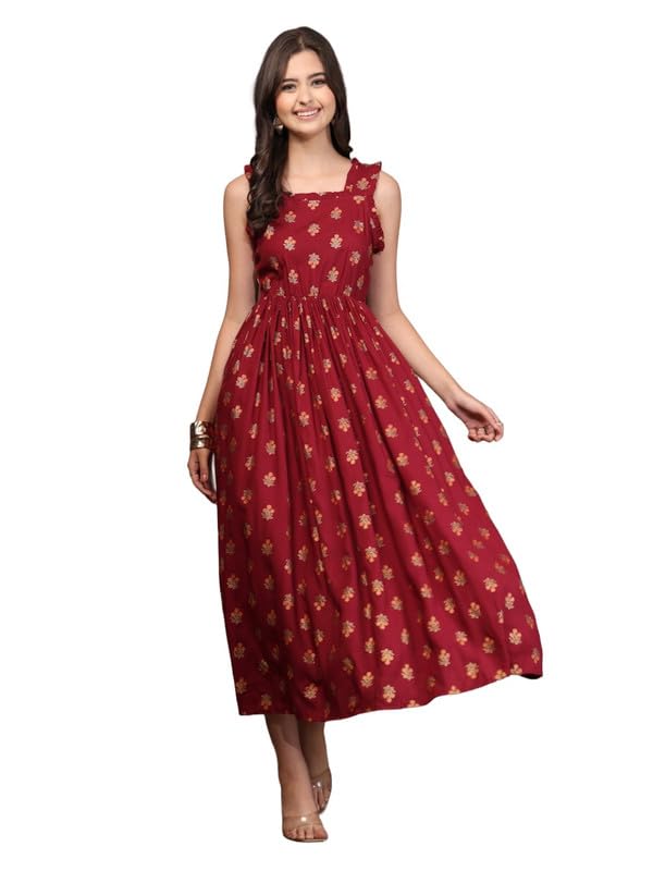 Image of Dress for Women | New Rayon Floral Printed Flared Maxi Dress for Women & Girl's