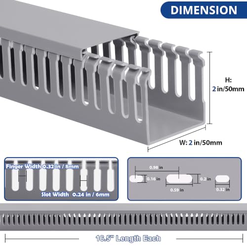 Image of 2 inch H x 2 inch W Cable Raceway, 132in Under Desk Wire Management Channel, Grey | Slotted Wire Duct, 8Pack, 16.5in Each, Heavy-Duty PVC Cable Management for Server Racks, Network Cables & Electrical Cabinets