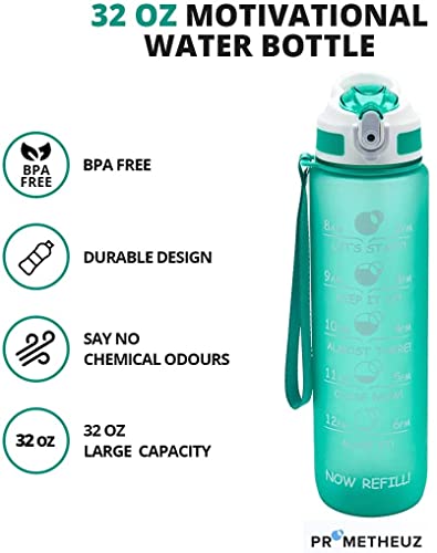 Image of Prometheuz Water Bottles with Times to Drink, 32 oz Water Bottle with Time Marker & Straw, Carry Strap, Leak-Proof & BPA-Free, Help You with Daily Water Intake for Gym, Camping, Outdoor Sports Mint