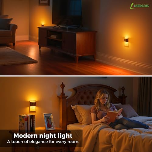 Image of L LOHAS LED Night Light with Motion Sensor & Dusk to Dawn Sensor, Night Lights Plug into Wall with 30-100lm Adjustable Brightness, Dimmable Night Light for Bathroom Hallway, 1600K Amber, 2 Pack