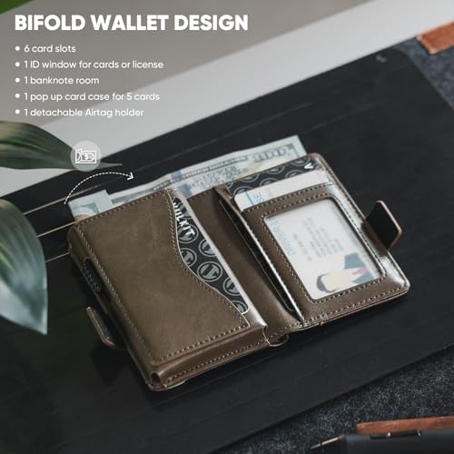 Image of VULKIT Card Holder Wallet with Airtag Holder & ID Window Pop Up Leather Wallet RFID Blocking Magnetic Closure for Men