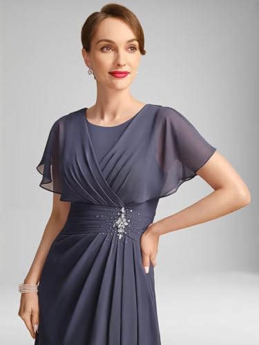 Chiffon Mother of The Bride Dresses for Wedding Elegant Long Ruched Formal Evening Gown with Flutter Sleeve4