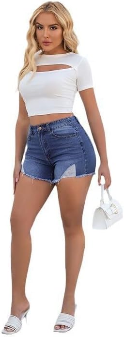 Women’s Ripped High Waisted Denim Shorts Stretch Frayed Raw Hem Jean Shorts - Image 4