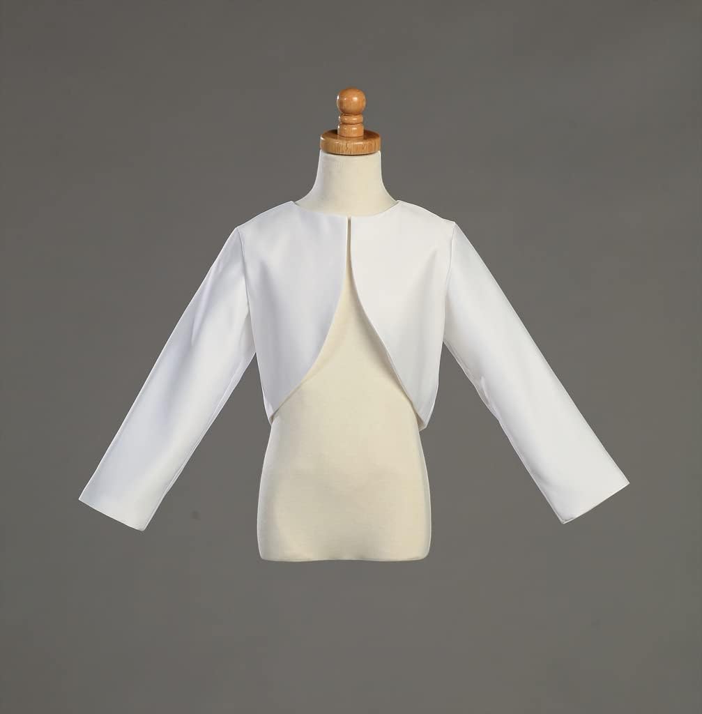 White Satin Long Sleeve First Communion Bolero for Girls - Cardigan, Shrug or Flower Girl Sweater for Wedding - Image 2