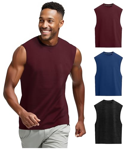 Men's Athletic Muscle Shirts (Dry Fit, 3-Pack) Moisture Wicking Sleeveless Performance Activewear Tank Tops for Gym