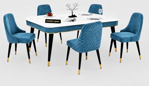 Image of WOODEN SPACE 6-Seater Wooden Dining Table Set | Nano Composite Marble Top | Solid Wood Base | Modern Dining Room Furniture with 6 Chairs (Blue Vento)