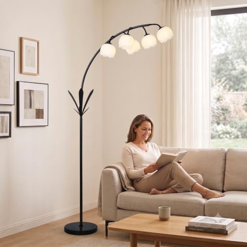 Image of HMVPL Black Floor Lamp for Living Room, Flower Floor Lamp with 5 G9 LED Bulbs, Foot Switch, Arc Standing Lamp with Acrylic Shade,Marble Base, Cute Tall Lamp for Living Room Corner Bedroom Reading Home