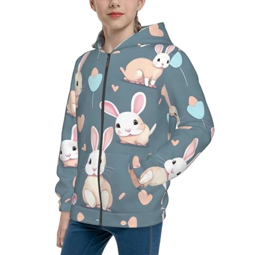 Cartoon cute bunny Print Girls Athletic Zip Up Hoodies,Sweatshirts with Pockets Long Sleeve Hooded Jackets, for 7-18 Y