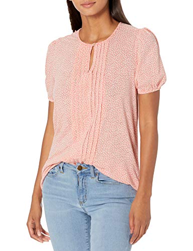 Lucky Brand Women's Short Sleeve V Neck Pintuck Printed Top, Pink Multi, XS