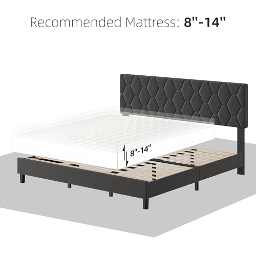 GAOMON Grey King Upholstered Bed Frame with Headboard, Heavy-Duty Platform Bed Frame with Strong Wood Slats, No Box Spring Needed/Easy Assembly/Noise Free