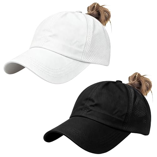 WXGKSA Womens Criss Cross Ponytail Baseball Cap Adjustable High Messy Bun Sun Hat Quick Drying UV Protection Breathable Sport Cap for Outdoor Activities (US Alpha One Size Black+White)