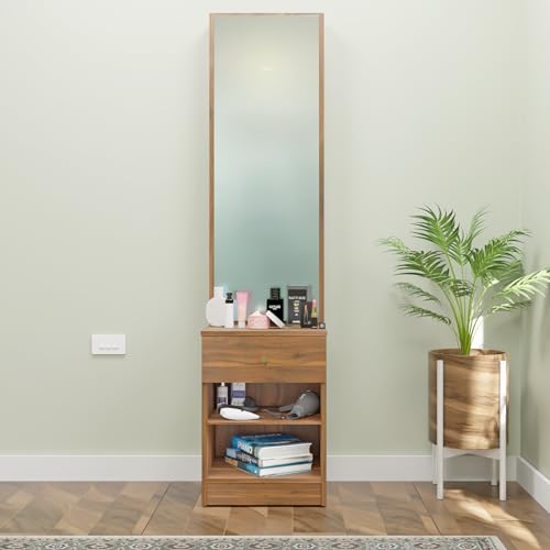 Image of VIKI | Engineered Wood Dressing Table with 1 Drawer, Mirror and Huge Storage Space | Vanity for Living Room, Bedroom (Brussel Walnut - 43.8W x 40D x 182.6H cms)