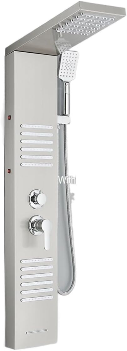 Thermostatic Shower Mixer Set Matte Black LED Shower Panel Waterfall Rain Shower Faucet Set SPA Massage Bath Shower Column Double Handle Mixer Tap Tower，6004 Gold-1