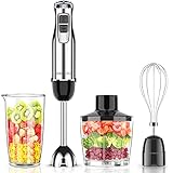 Batidora de Mano, Qxmcov Batidora Eléctrica de Alto Rendimiento 4 en 1, Cortador de alimentos de 500ml, Vaso de 600ml, Batidora a Inmersión con, Bate, Libre de BPA [Clase de eficiencia energética A]