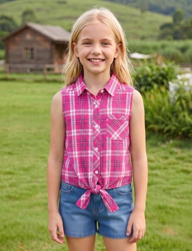 Image of Noomelfish Girls Sleeveless Button Down Shirt Tie Knot Blouse Western Cowgirl Outfit (5-12 Years)
