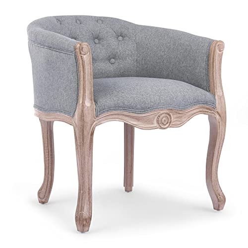 VONLUCE Accent Chair for Home Office Decor, French Vintage Living Room Chair with Memory Foam Carved Wood Frame Button Tufted Linen Upholstery, Wide Barrel Chair for Bedroom Entryway Dining Room, Gray